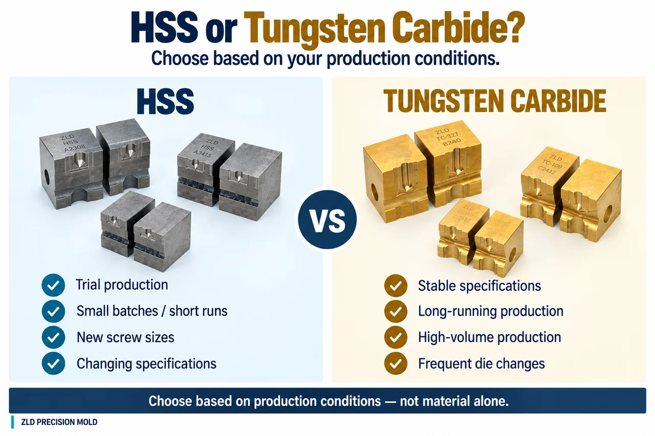 When to choose HSS drill point dies — trial production, small batches, new screw sizes, changing specifications — versus tungsten carbide for stable specifications, long-running and high-volume production, and frequent die changes