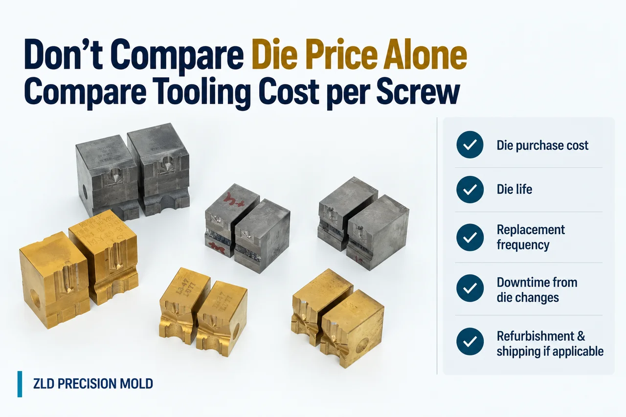 Tooling cost per screw is made up of die purchase cost, die life, replacement frequency, downtime from die changes, and refurbishment and shipping where applicable