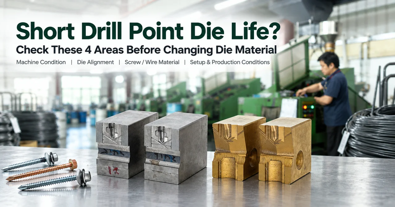 HSS and tungsten carbide drill point dies with finished self-drilling screws on a bench in a screw factory — check four production areas before changing die material