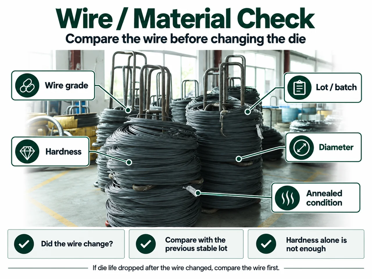 Wire and material check before changing the die: wire grade, lot or batch, hardness, diameter and annealed condition — hardness alone is not enough